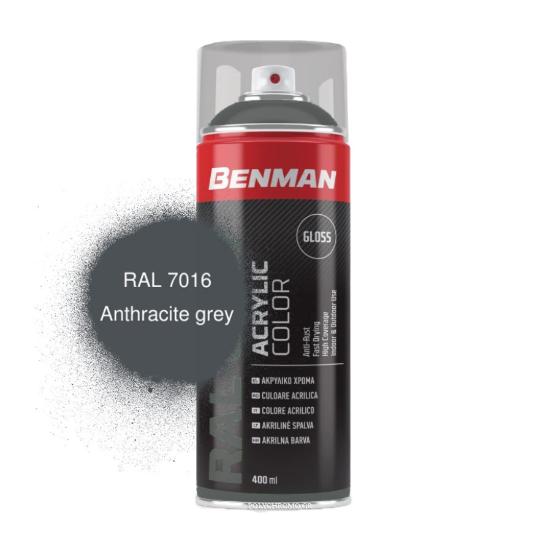 Εικόνα της Benman Σπρέι Βαφής Ακρυλικό Γυαλιστερό Γκρι / Ανθρακί Ral 7016 400ml